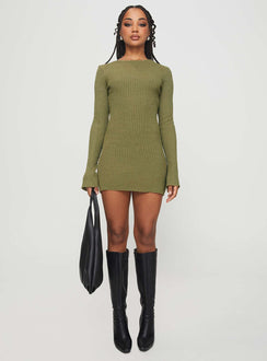 front view of model wearing Princess Polly Osment Long Sleeve Knit Mini Dress Olive Boat Neck 