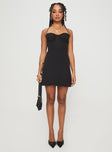 front view of model wearing Princess Polly Fusilloni Mini Dress Black Sweetheart Neckline 