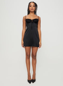 front view of model wearing Princess Polly Glitterberry Mini Dress Black Sweetheart Neckline 