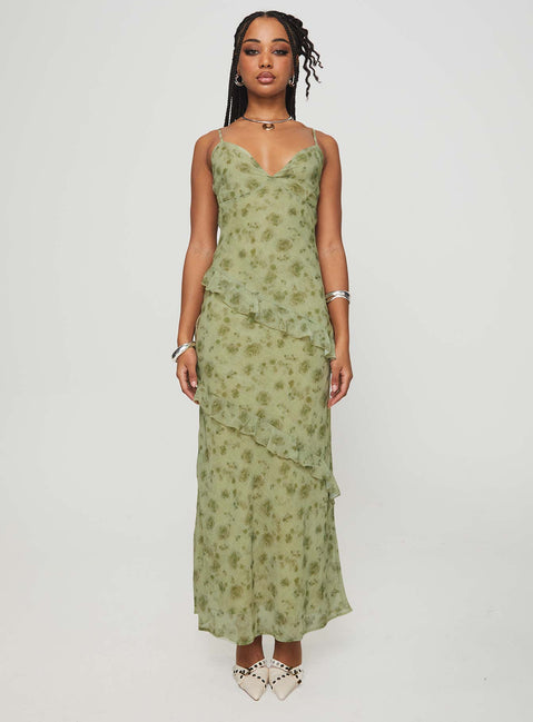 front view of model wearing Princess Polly Teffoli Maxi Dress Green Plunger 