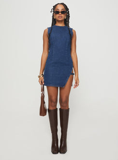 front view of model wearing Princess Polly Eilein Sculpted Denim Mini Dress Dark Wash Crew Neck 