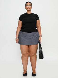 front view of model wearing Princess Polly Can't Sleep Skort Charcoal Stripe Curve High Waisted Shorts 