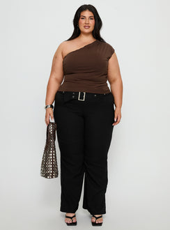 front view of model wearing Princess Polly Kortnee Eyelet Detail Flare Leg Pants Black Curve Mid Rise Pants 