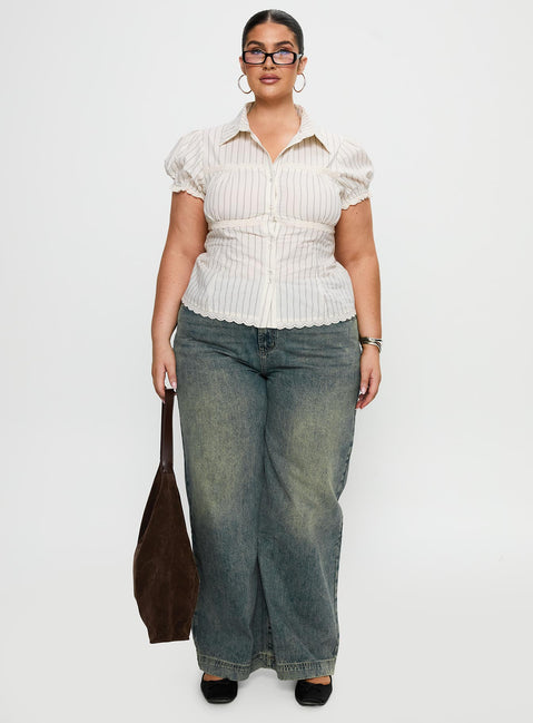 front view of model wearing Princess Polly Deserve You Puff Sleeve Button Front Top Cream Stripe Curve Short Sleeves V-Neck 