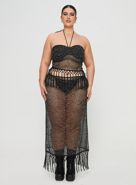   front view of model wearing Princess Polly Alnet Maxi Skirt Black Curve Maxi 