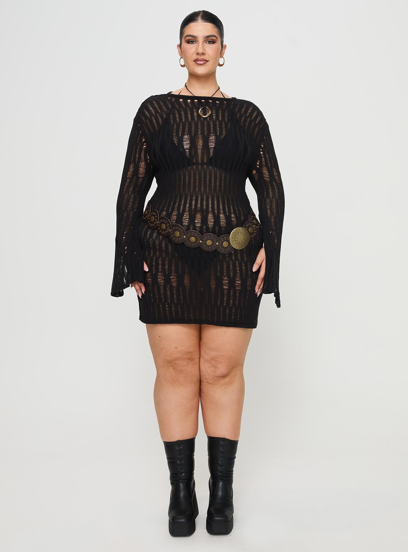 front view of model wearing Princess Polly Cylian Long Sleeve Knit Mini Dress Black Curve Crew Neck 
