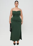 Green maxi dress Halter style, straight neckline, ruching detail, split in hem