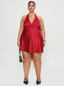 front view of model wearing Princess Polly Pelagia Halter Scarf Tie Mini Dress Red Curve Plunger 