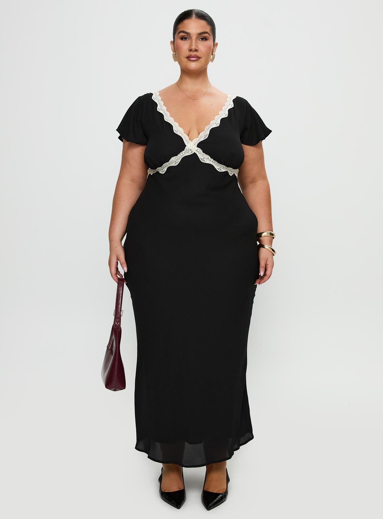 front view of model wearing Princess Polly Barbarita Lace Maxi Dress Black Curve Plunger 