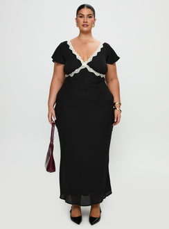 front view of model wearing Princess Polly Barbarita Lace Maxi Dress Black Curve Plunger 