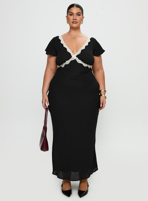 front view of model wearing Princess Polly Barbarita Lace Maxi Dress Black Curve Plunger 