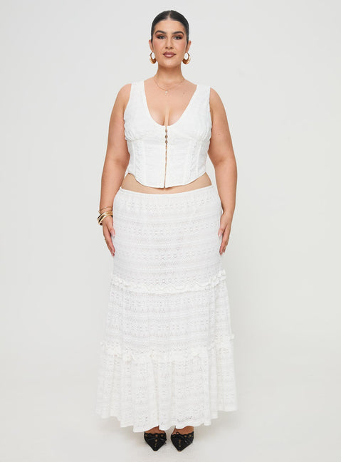   front view of model wearing Princess Polly Buttacupe Lace Maxi Skirt White Curve Maxi 
