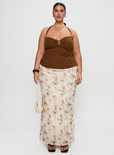front view of model wearing Princess Polly Isabetta Halter Top Chocolate Curve Sleeveless Sweetheart 