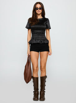 front view of model wearing Princess Polly Wildrose Shirred Top Black Short Sleeves Crew Neck 
