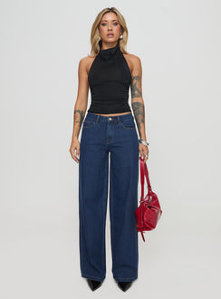 front view of model wearing Princess Polly Giggle Top Black Sleeveless High Neck 