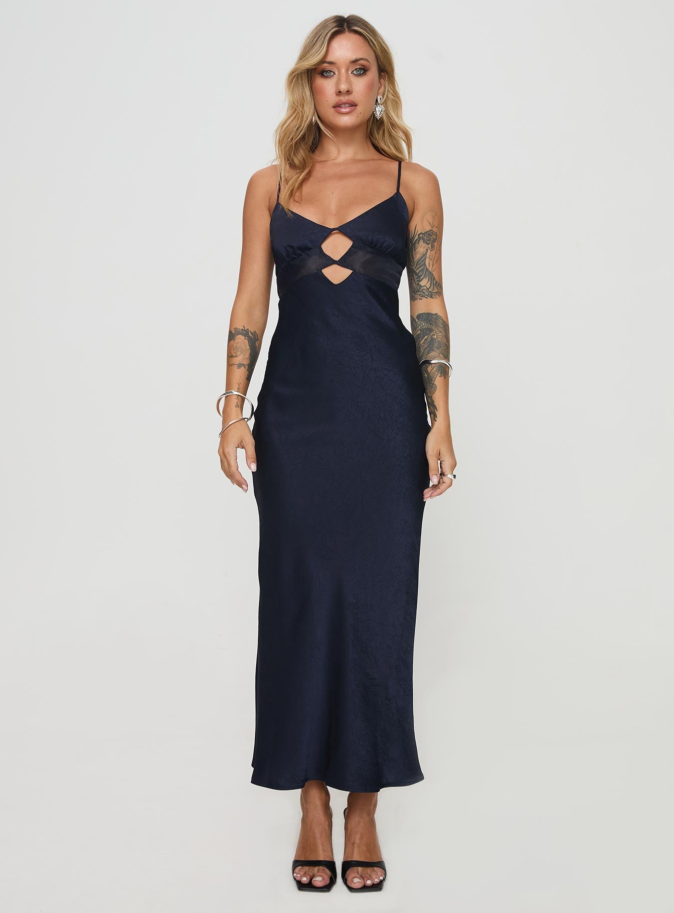 front view of model wearing Princess Polly Leroux Maxi Dress Navy Sweetheart Neckline 