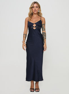 front view of model wearing Princess Polly Leroux Maxi Dress Navy Sweetheart Neckline 