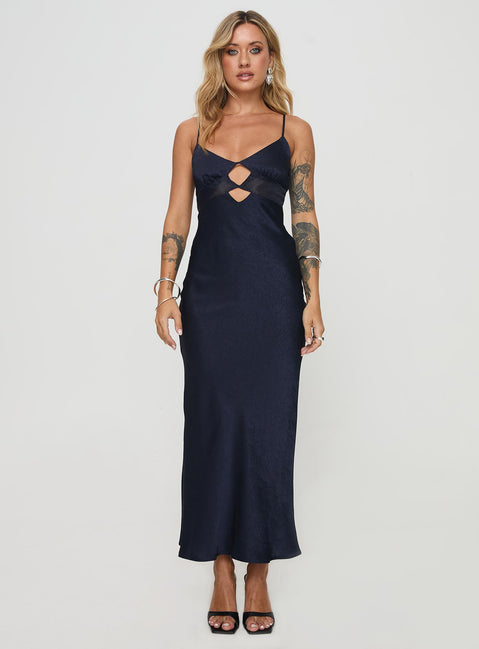 front view of model wearing Princess Polly Leroux Maxi Dress Navy Sweetheart Neckline 