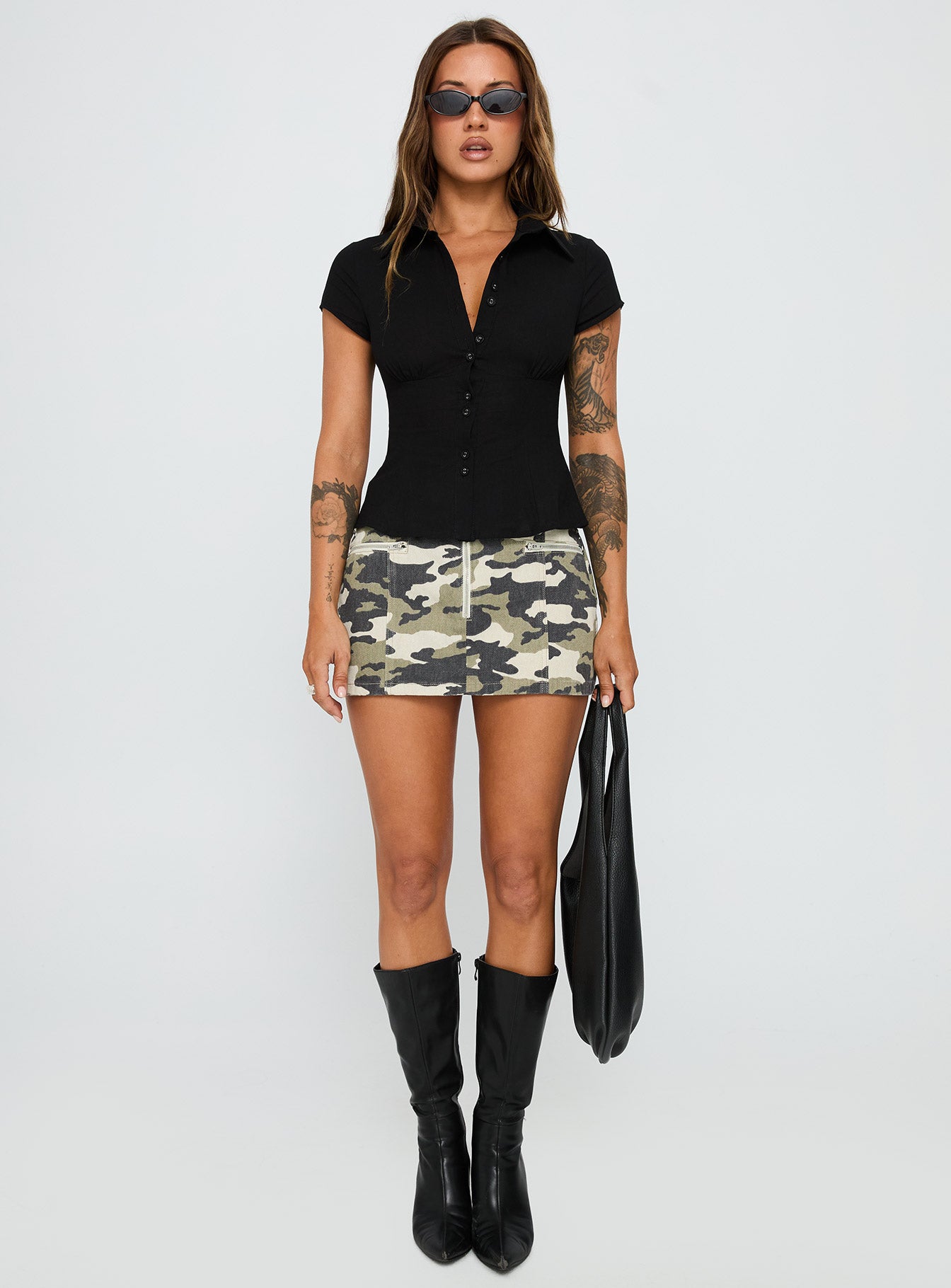   front view of model wearing Princess Polly Voltage Denim Mini Skirt Camouflage 