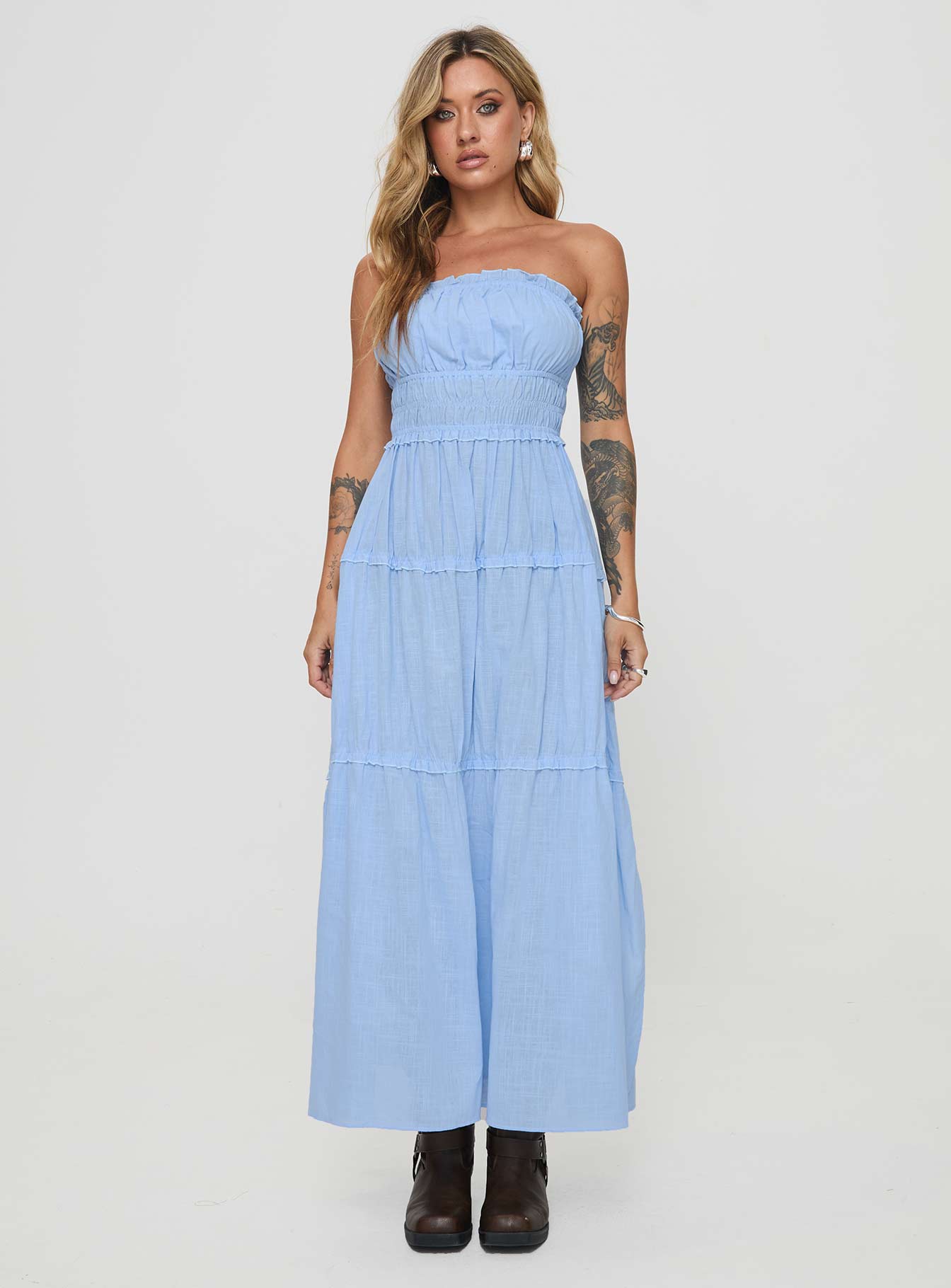 front view of model wearing Princess Polly Minogue Maxi Dress Blue Straight Neck 