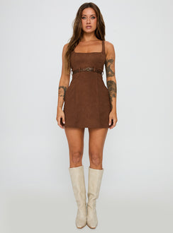 side view of model wearing Princess Polly Way Back In Faux Suede Mini Dress Brown Square Neck 