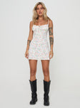 front view of model wearing Princess Polly Ioanna Mini Dress White / Floral Scoop Neck 