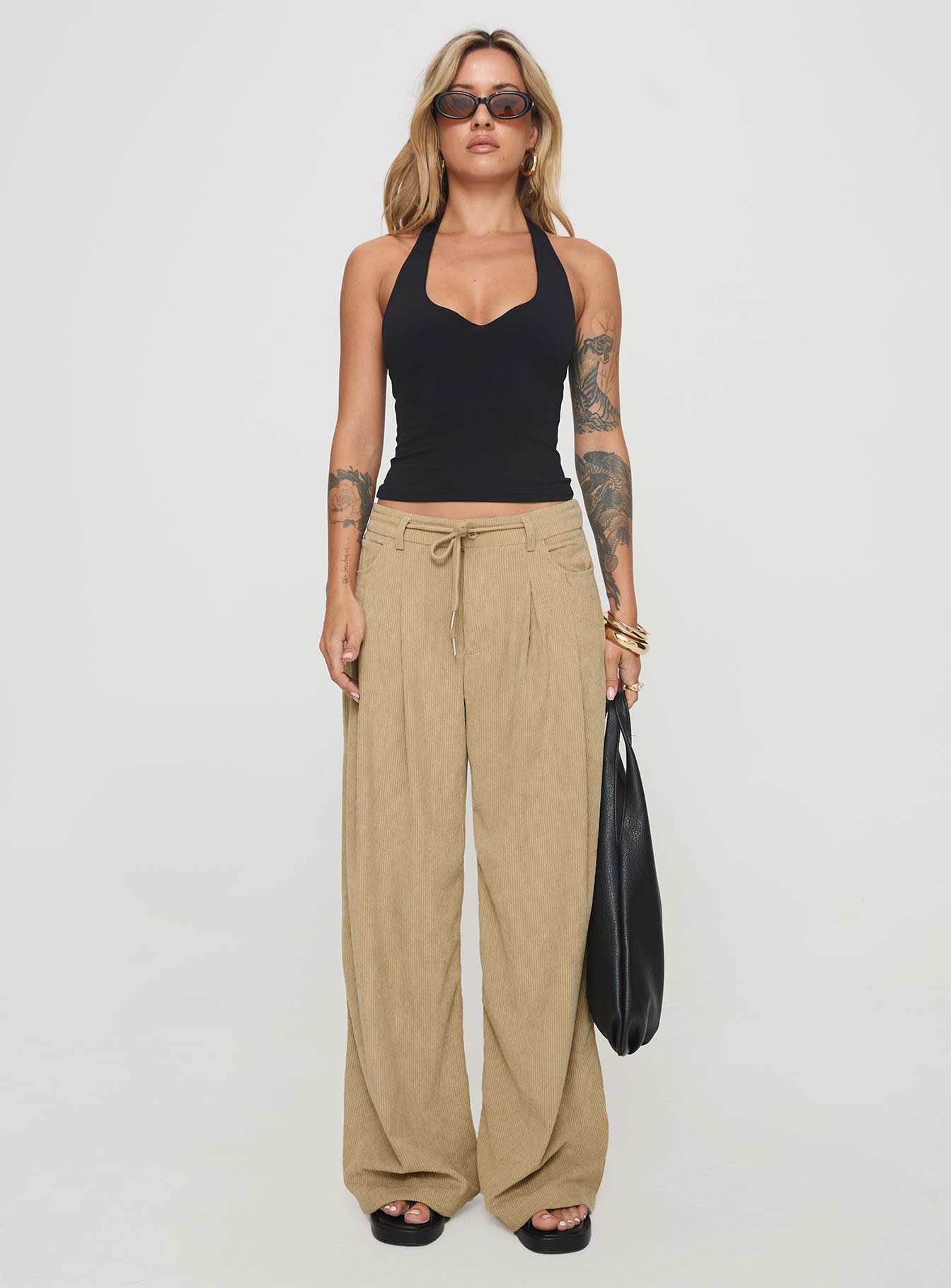 front view of model wearing Princess Polly Slouched Tie Up Pant Latte Low Rise Pants 