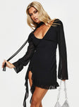 back view of model wearing Princess Polly Varney Long Sleeve Mini Dress Black Plunger 