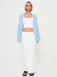 front view of model wearing Princess Polly Abner Cable Cardigan Blue regular 