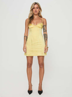 front view of model wearing Princess Polly Dale Mini Dress Lemon Plunger 