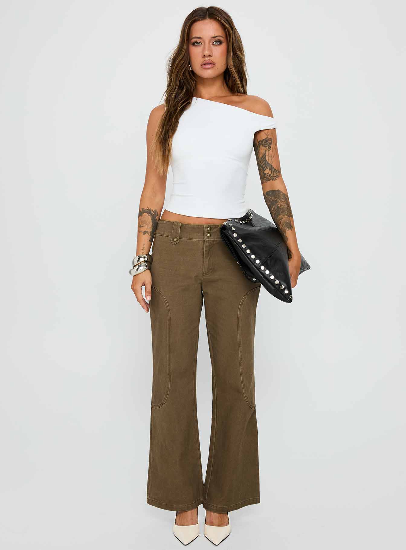 front view of model wearing Princess Polly Danza Top White Short Sleeves Asymmetric Neckline 