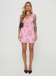 front view of model wearing Princess Polly Romancer Mini Dress Pink V-Neck 