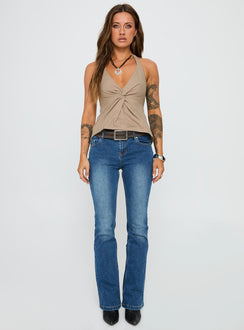 front view of model wearing Princess Polly Millbank Top Taupe Sleeveless Plunger 