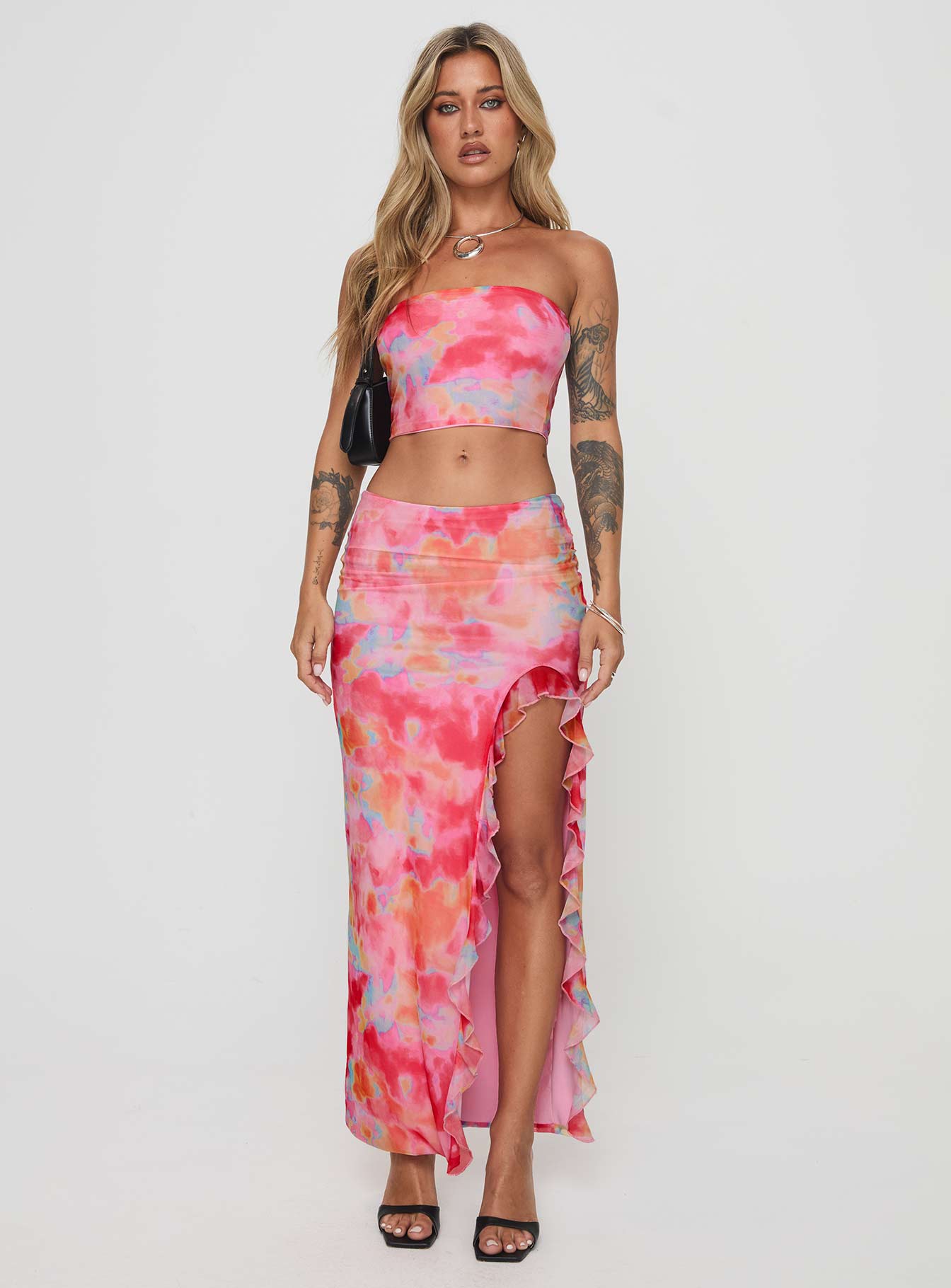 Matching set Mesh material, tie-dye print, strapless style, inner silicone strip at bust, elasticated waist, high split in hem, frill detail Good stretch, fully lined  Princess Polly Lower Impact 