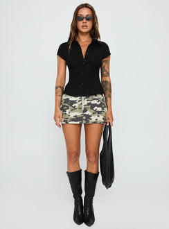 back view of model wearing Princess Polly Cottesloe Blouse Top Textured Black Short Sleeves V-Neck 