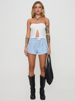 front view of model wearing Princess Polly Brekke Strapless Top White Sleeveless Sweetheart 