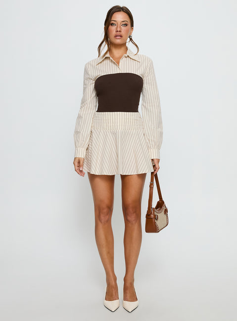 Belva Long Sleeve Corset Shirt Mini Dress Brown Stripe