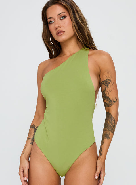 side view of model wearing Princess Polly Ferrera One Shoulder Bodysuit Green Sleeveless 