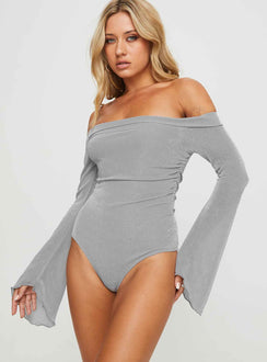 back view of model wearing Princess Polly Tullo Off The Shoulder Bodysuit Grey Full Sleeves 