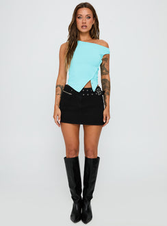 front view of model wearing Princess Polly Karre Off The Shoulder Top Aqua Short Sleeves Asymmetric Neckline 