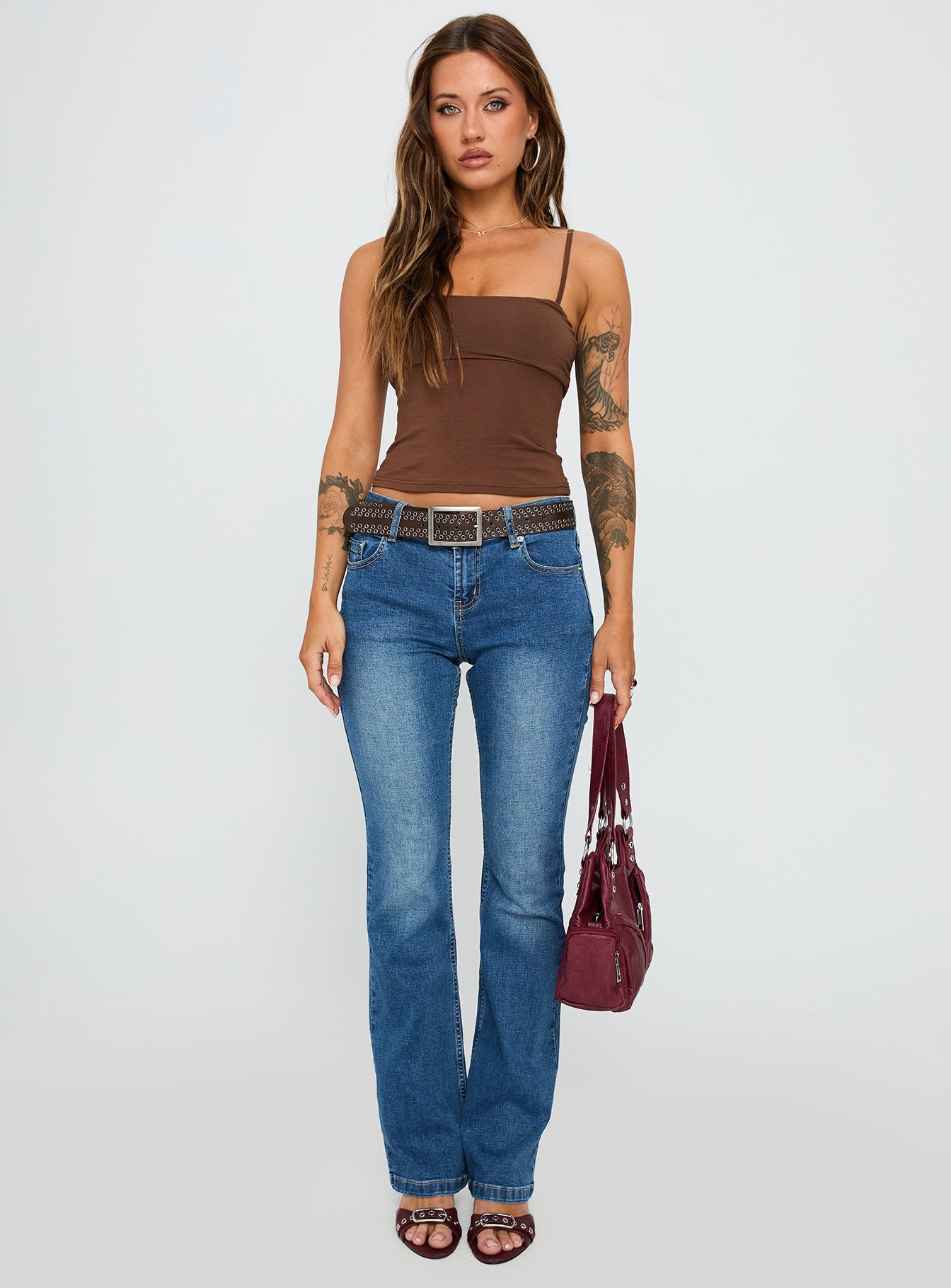 front view of model wearing Princess Polly Race My Mind Top Chocolate Sleeveless Square Neck 