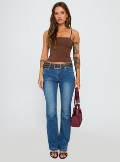 front view of model wearing Princess Polly Race My Mind Top Chocolate Sleeveless Square Neck 