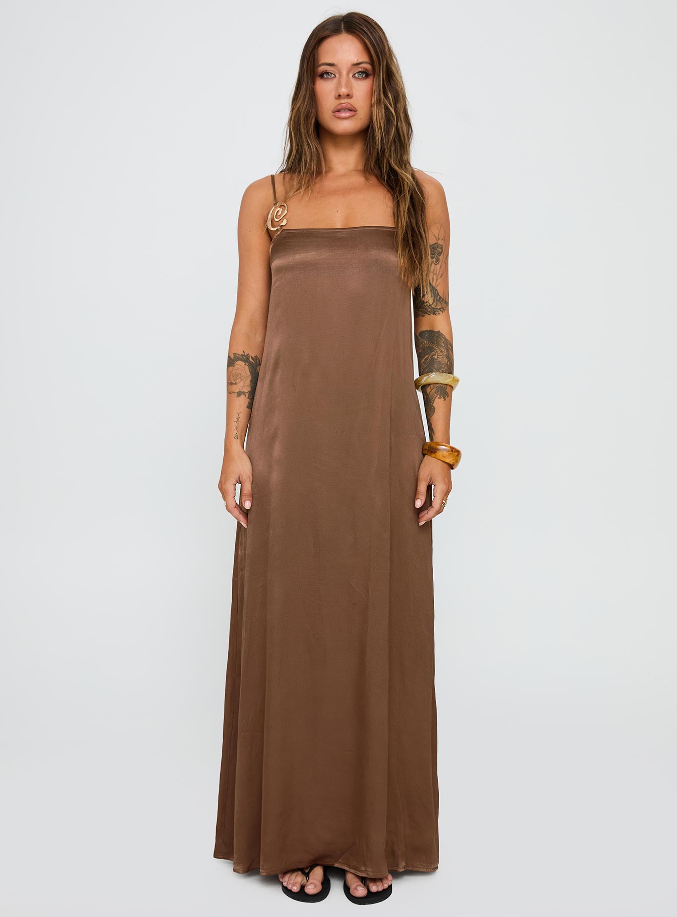 front view of model wearing Princess Polly Apple Cider Maxi Dress Brown Square Neck 
