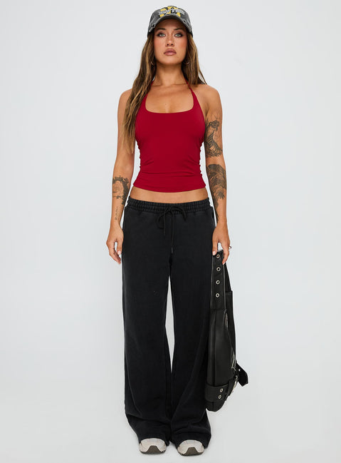 front view of model wearing Princess Polly Ezekiel Nylon Top Red Sleeveless Scoop Neck 