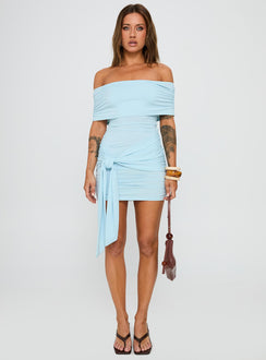 front view of model wearing Princess Polly Island Girl Tie Skirt Mini Dress Light Blue Straight Neck 