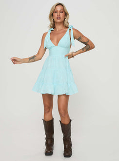 front view of model wearing Princess Polly Galvis Mini Dress Blue Plunger 