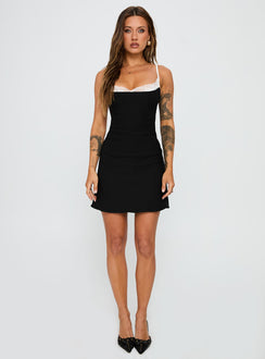 front view of model wearing Princess Polly Renaissance Corset Lace Mini Dress Black / White Sweetheart Neckline 