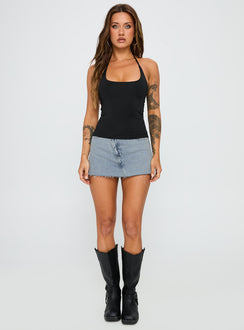 front view of model wearing Princess Polly Ezekiel Nylon Top Black Sleeveless Scoop Neck 