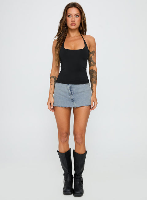 front view of model wearing Princess Polly Ezekiel Nylon Top Black Sleeveless Scoop Neck 
