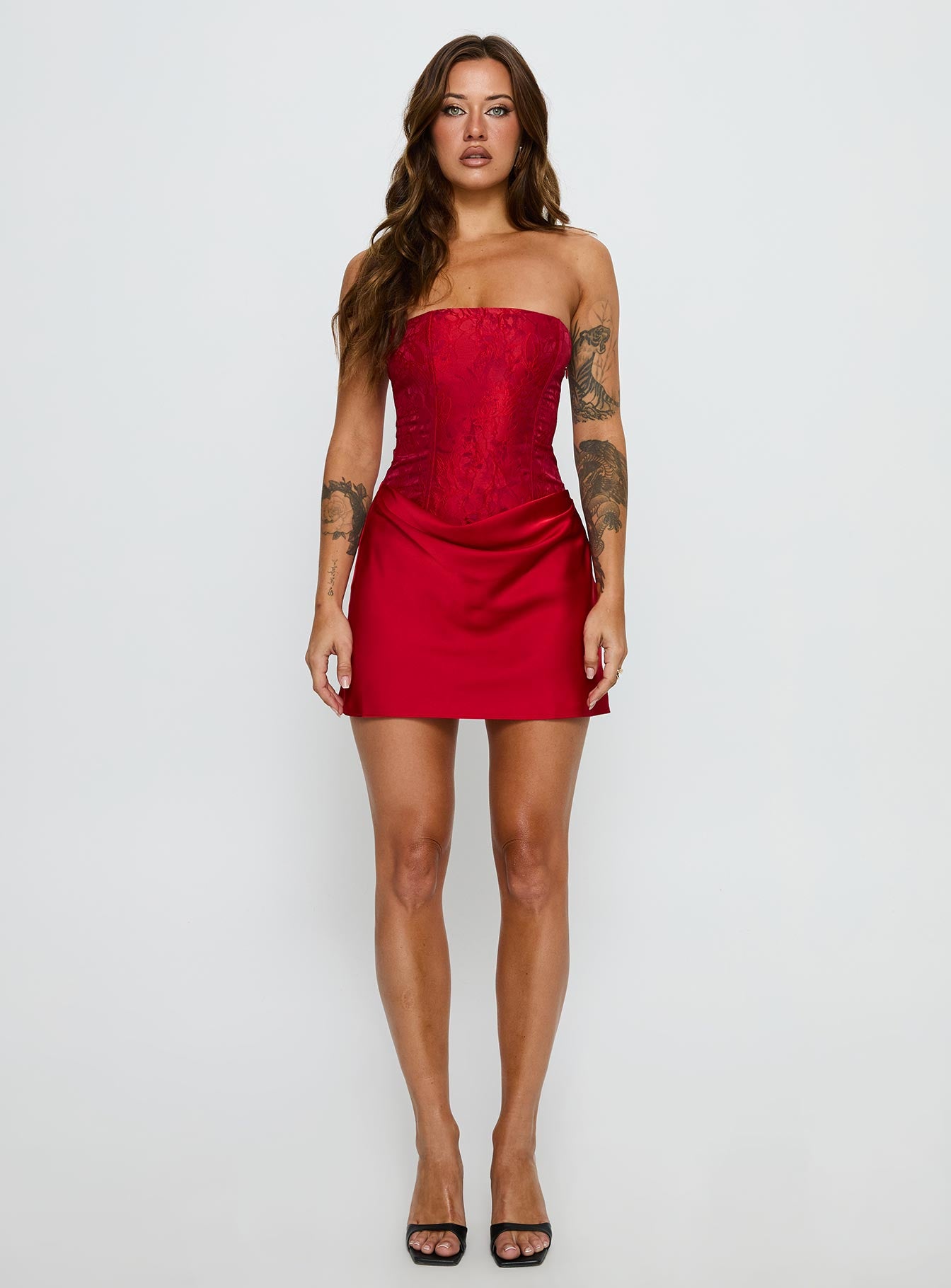 Jenevieve Strapless Drape Mini Dress Red